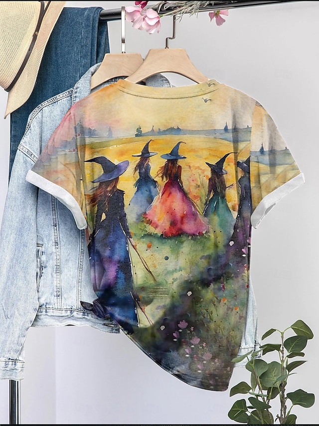 Trendy Halloween Witch Print Short Sleeve Crew Neck T-Shirt in Yellow for Summer Casual Wear